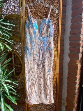 New Stunning Champagne and Turquoise Sequin Dress Adjustable Straps